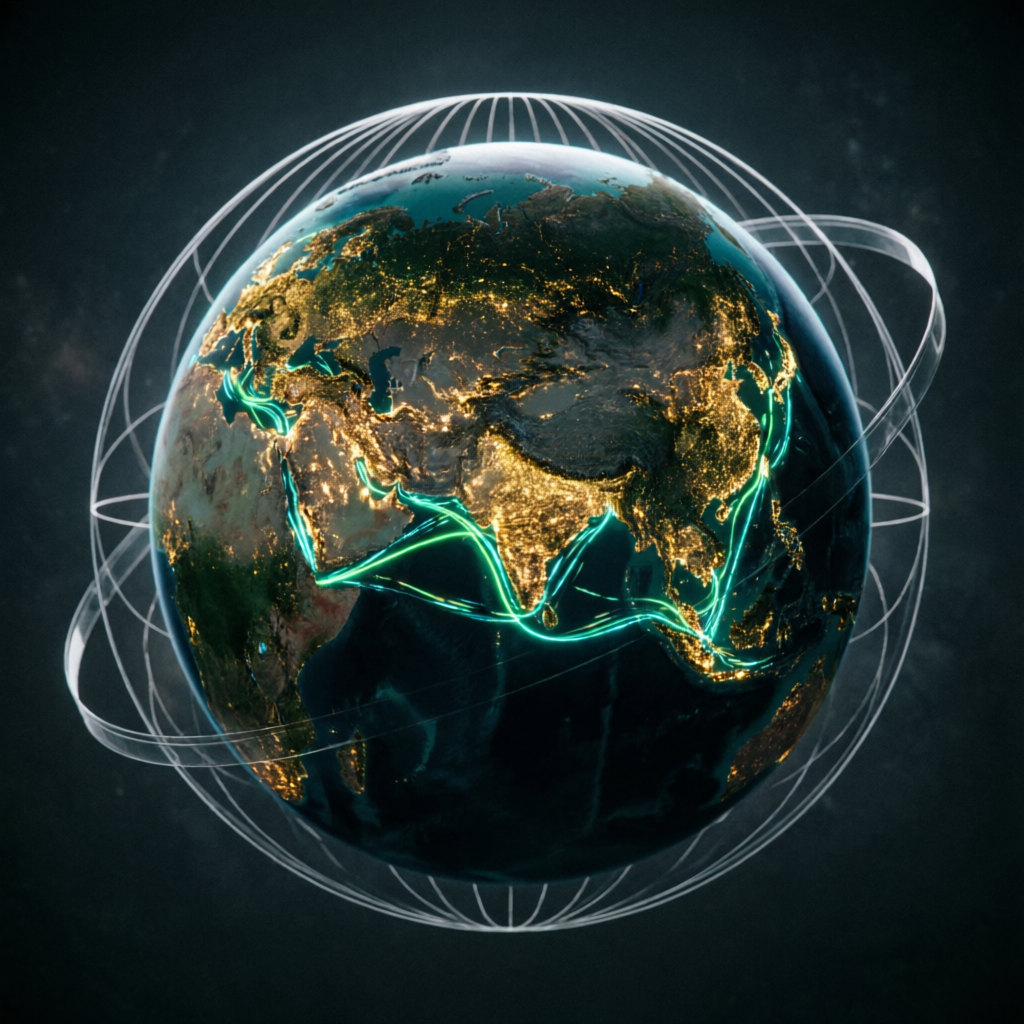 Earth at night with luminous global trade routes
