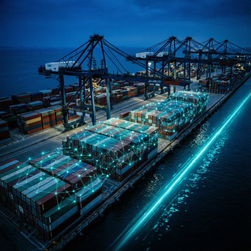 Container port at night with a digital network overlay